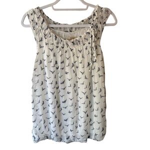 Giusy Y2K Vintage Silk White and Blue Bird Smocked Flutter Sleeve Blouse Size S